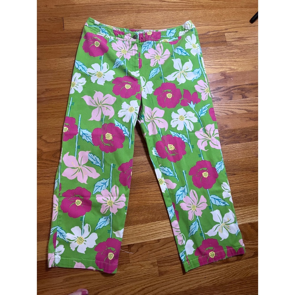 Vtg 80s Duck Head High Rise Green Pink Floral Print Straight Leg Capris 14